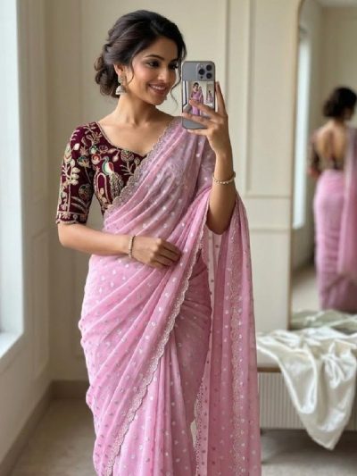 Pink Jari Butti Weaving Saree