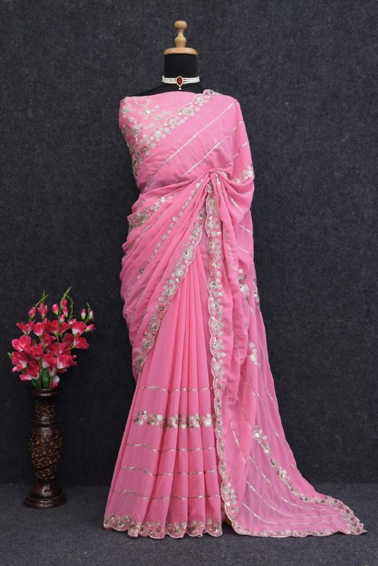 Pink Georgette Party Wear Saree - Image 4