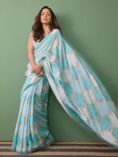 women wearing Sky Blue Designer Tebby Silk Saree