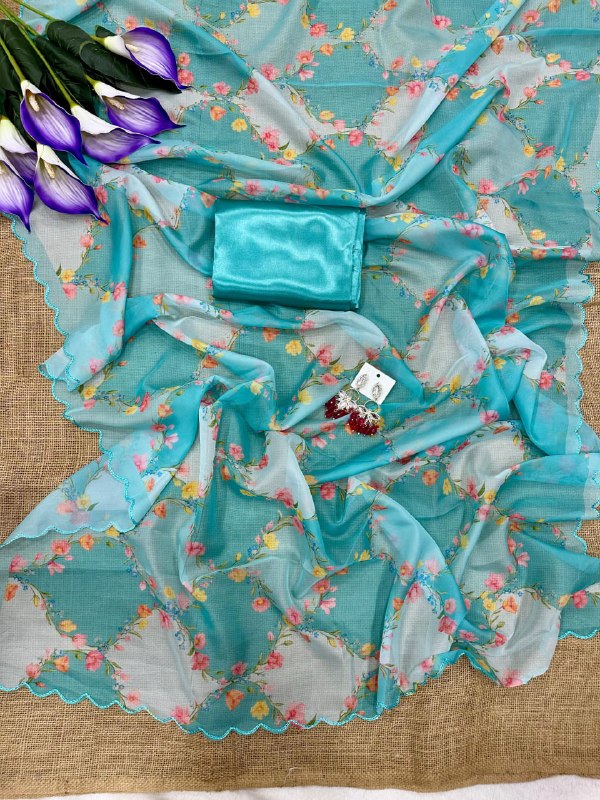Sky Blue Designer Tebby Silk Saree - Image 5