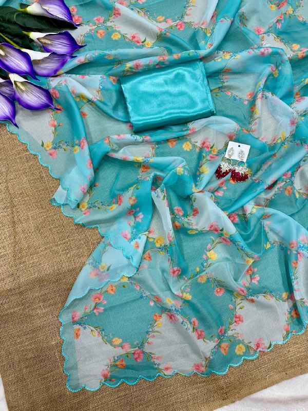 Sky Blue Designer Tebby Silk Saree - Image 6