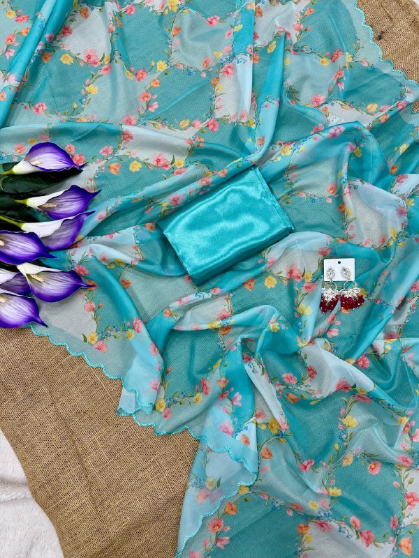 Sky Blue Designer Tebby Silk Saree - Image 7