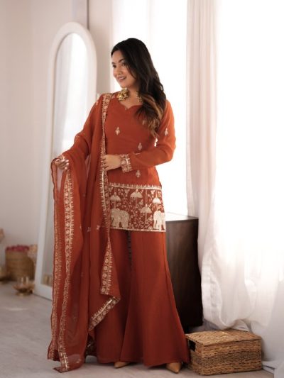 Rust Crunchy Silk Kurta Pant Set