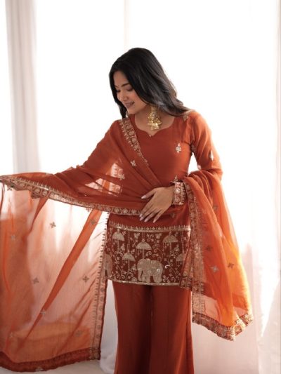 Rust Crunchy Silk Kurta Pant Set