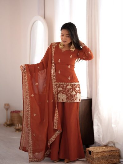 Rust Crunchy Silk Kurta Pant Set