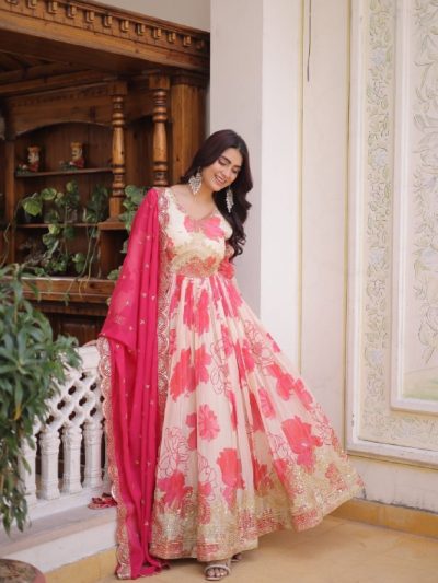 Embroidered Russian Silk Gown Set